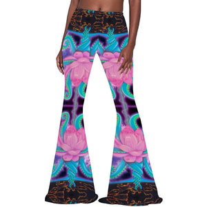 Lotus Print Stretch Bell Bottom Flare Pants